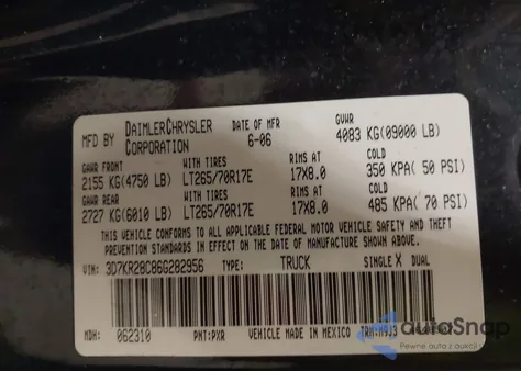 2006 Dodge Ram 2500 Slt/Sport z USA, uszkodzony, nr VIN 3D7KR28C86G282956